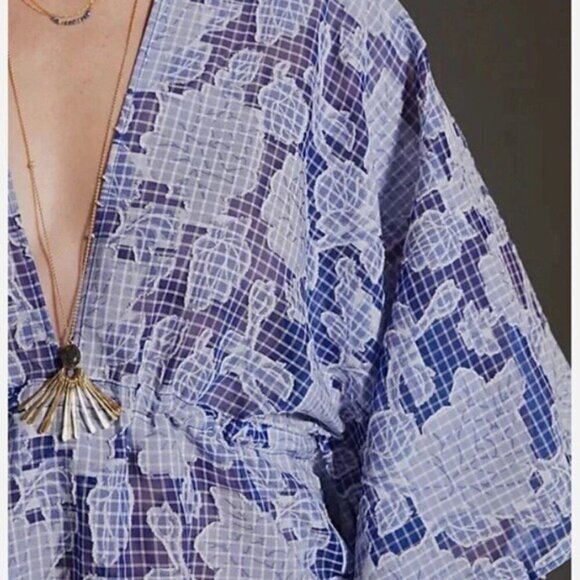 ANTHROPOLOGIE Tie Front Blue Floral Gingham Caftan One Size NEW - Picture 7 of 8